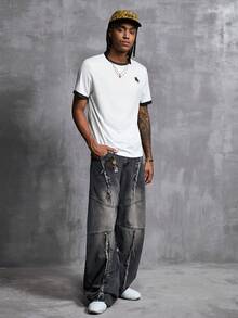 Manfinity Denimwave 男士經典百搭白色黑領短袖T恤，極簡時尚休閒馬標設計圓領T恤，足球 - 彩色 - 查看 7