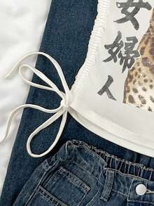 Attitoon 休閒街頭風中文字豹紋虎紋東亞圖案印花女款休閒抽繩前綁身貼身抹胸上衣，適合春夏季 - 彩色 - 查看 4