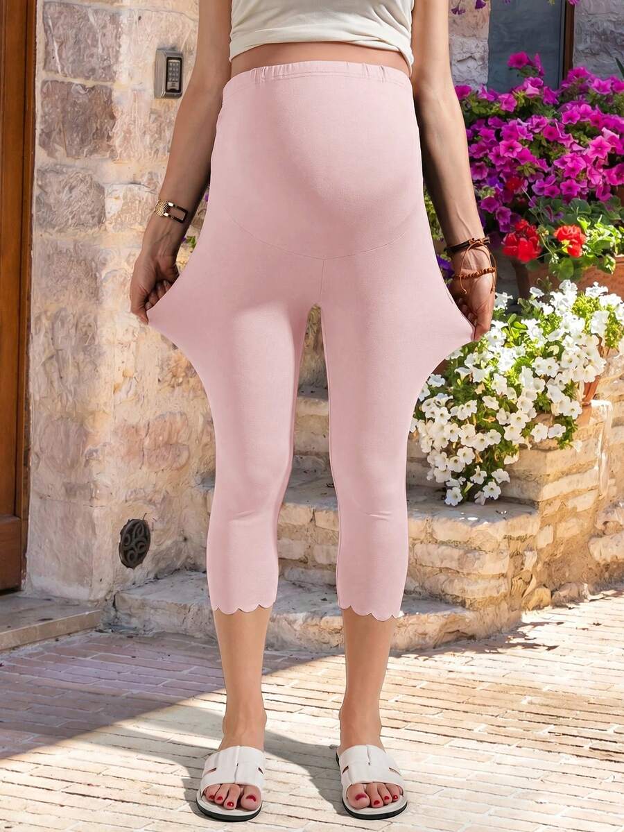 SHEIN 孕婦純色可調腰圍休閒七分長緊身褲 - 淺粉色 - 查看 1