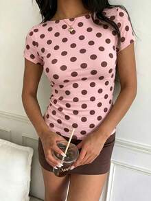 CovetEZ 休閒簡約粉棕色圓點印花女款休閒T恤，適合夏季穿著 - 彩色 - 查看 5