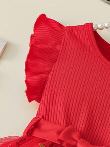 SHEIN Vestido elegante y dulce de punto acanalado rosa con manga corta de casquillo para niñas bebé, con vestido de malla floral 3D y cinturón de cintura, lindo conjunto elegante de verano para vacaciones y fiestas - Rojo - Ver 8