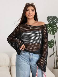 Solflare Suéter de punto hueco de unicolor talla grande nuevo para otoño/invierno, para salir en vacaciones de otoño - Negro - Ver 7