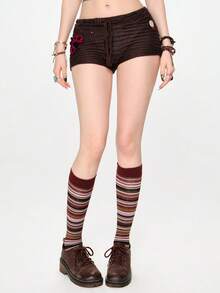 ROMWE Fairycore Cute Ladybug Print Shorts, Women Knit Pants, Spring/Summer - Brown - View 6