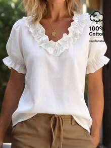 Balvessa Women's Summer New Solid Color Ruffle V-Neck Design Casual Vacation Shirt, Everyday Outerwear Top - White - View 1