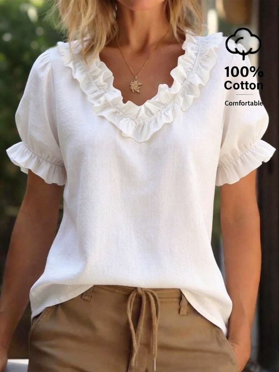Balvessa Women's Summer New Solid Color Ruffle V-Neck Design Casual Vacation Shirt, Everyday Outerwear Top - White - View 1