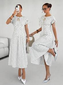 Siren Gaze Summer Elegant French Casual White And Black Polka Dot Maxi Dress For Women, Short Sleeve Tie Strap Ruched Waist Side Slit A-Line Long Dress, Beach - White - View 11