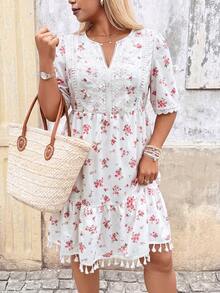 Breezaya Plus Size Pastoral Boho Floral V-Neck Short Sleeve Water-Soluble Flora Lace Patchwork Tassel Dress Vacation Summer Beach Festival Party White - Multicolor - View 8