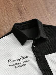 NORVETH Camisa de moda para hombre de primavera/verano con parche de letras, color de contraste, manga corta, abotonadura sencilla y bolsillo - Blanco y Negro - Ver 6