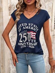 EMERY ROSE Women's V-Neck Letter & Number Print Casual Versatile Everyday T-Shirt - Navy Blue - View 4