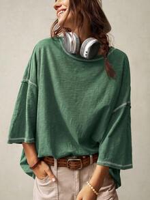 Bohemela Casual Solid Color Knit Round Neck 3/4 Sleeve Loose Washed T-Shirt Holiday Forest Green Autumn - Dark Green - View 1