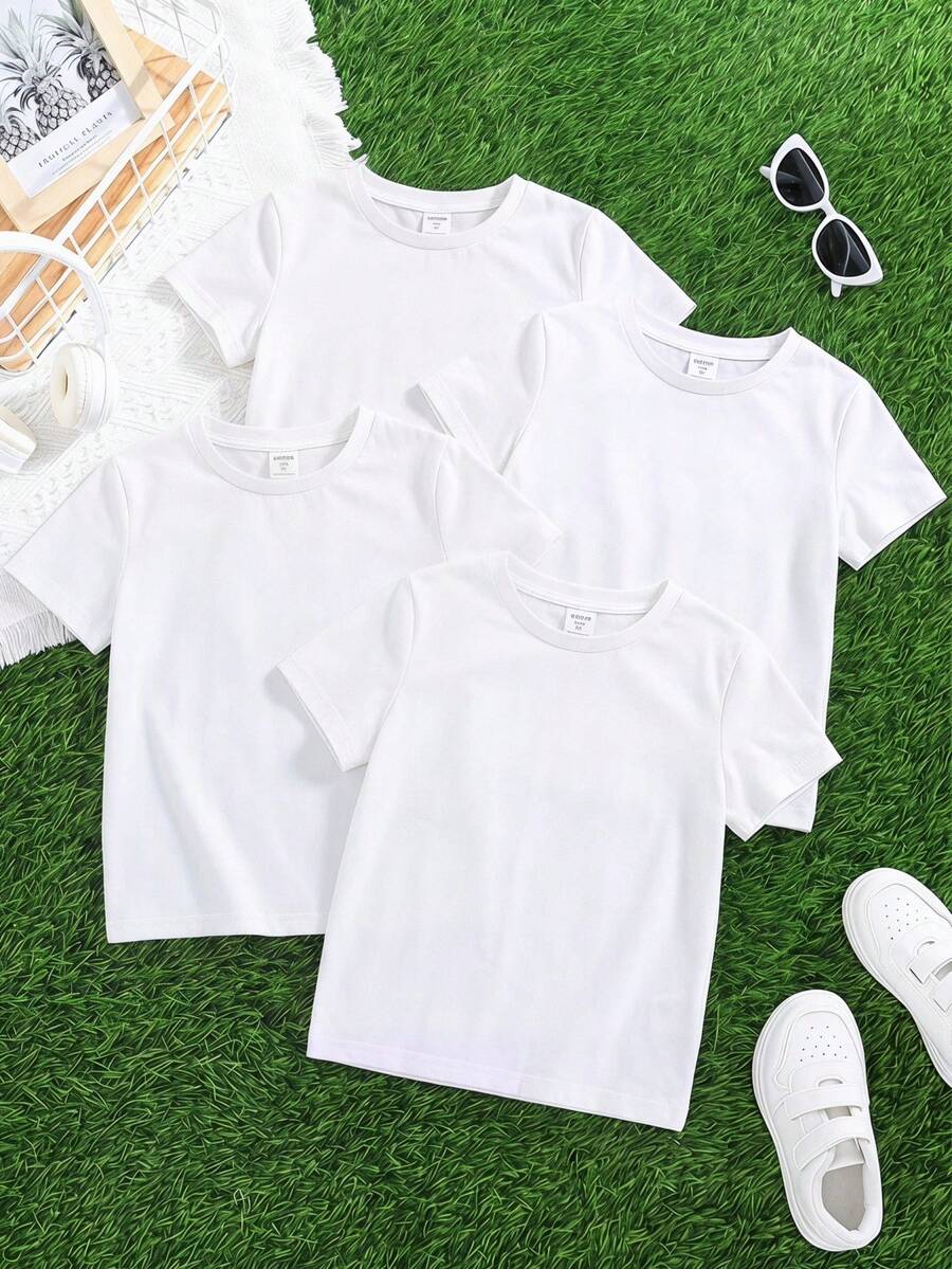 SHEIN 4件裝小男孩休閒學院風純白色百搭舒適圓領短袖T恤上衣，適合外出與居家穿著，兒童小男孩服飾，返校季，適用生日派對、晚會、表演、婚禮、洗禮、開學典禮、中東風格服飾、日常穿著、學校、旅行、運動，春夏季節