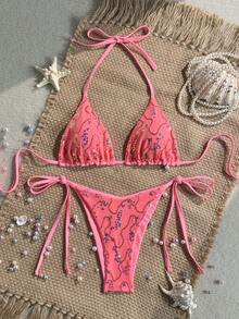 Costavie Set 2 Potong untuk Liburan Musim Semi/Panas, Bra Segitiga Berpayet Warna-warni dari Kain Khusus dan Bawahan Bikini dengan Tali Samping, Set Bikini Seksi - Watermelon Pink - View 4