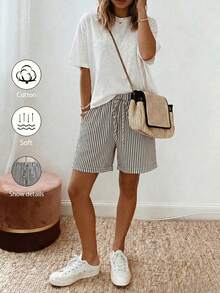 SHEIN Holidaya Short décontracté d'été pour femmes en mélange de coton à rayures, tenue de plage pour les vacances - Bleu marine - Voir 5