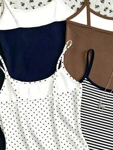[Random 4 Vest, Send 1 Vest]Maillard Color Palette, Vintage Polka Dot Print Pattern, Tween Girl Casual Simple Spaghetti Strap Fitted Tank Top Summer - White - View 6