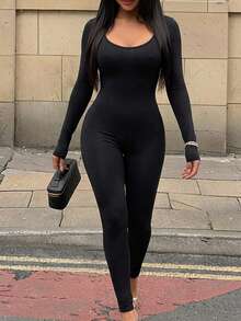 SHEIN SXY Spring Scoop Neck Black Long Sleeve Bodysuit Jumpsuit - Black - View 2