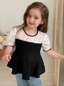 Dazy Kids Contrast Color Patchwork Puff Sleeve Cute Waist-Cinching Young Girls Blouse Summer - Black and White - View 7
