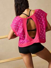 VARSIVA Women's Polka Dot Print Backless Sports T-Shirt - Hot Pink - View 5