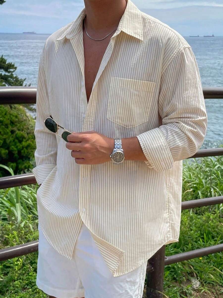 DAZY Camisa de manga larga a rayas amarillas para hombre de primavera - Amarillo claro - Ver 1