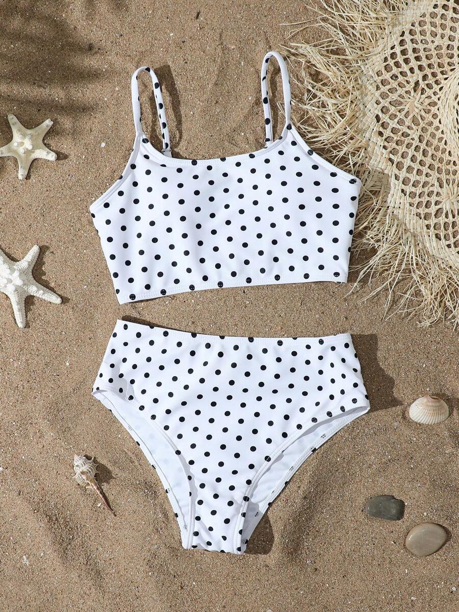 SHEIN Tween Girls Bikini Sets, This Is A Two Pieces Casual Swimsuit For Girls, Made Of Brown Striped Digitally Printed Polyester Fabric With A Triangle Bottom Design. It's A Stylish And Casual Swimsuit, Perfect For Girls' Summer Vacations And Swimming. Suitable For Vacation, Beach, Seaside, Summer, Spring Break, Summer Vacation - White - View 1
