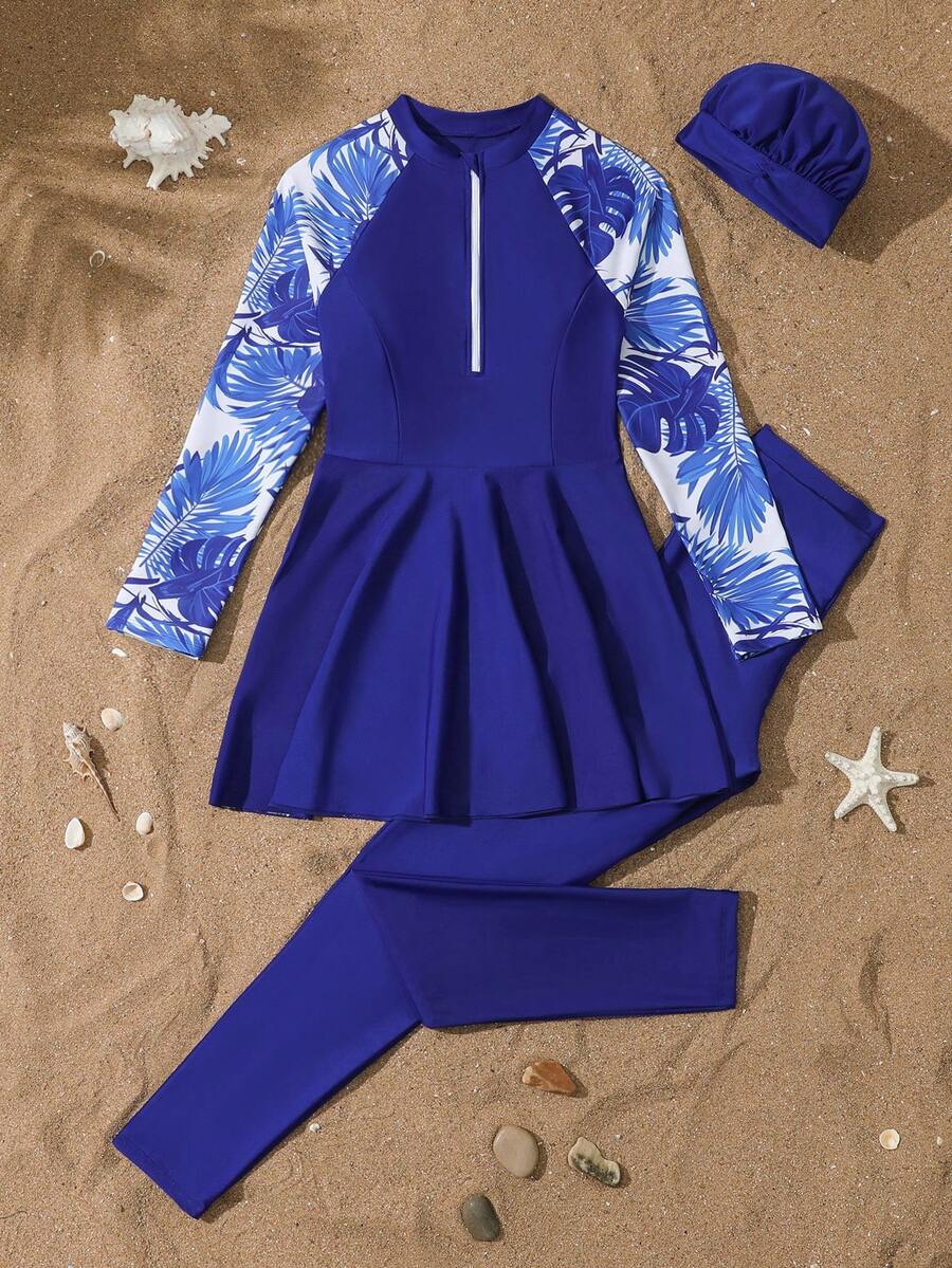 SHEIN Teen Girls Tankini Set, Long Sleeve Floral Print Top With Zipper, Blue Solid Color Patchwork Pattern Hem Skirt, Black Long Pants, Vacation Essential For Swimming Pool, Summer Holiday Party, Casual Beach And Seaside - Blue - View 1