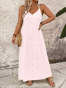 SHEIN LUNE Women's Plus Size Solid Color Spaghetti Strap Vacation Style Dress - Pink - View 5