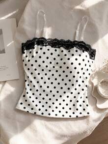 SHEIN 青少年女孩時尚休閒無肩帶短版上衣，黑白配色搭配波點印花，百搭易穿搭，修身舒適，彈性透氣面料，適合日常穿著、外出、派對與旅行，高品質夏季上衣 - 白色 - 查看 5