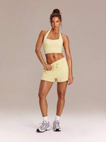 GLOWMODE 2.5" Everyday Terry Foldable High-Waist Drawstring Shorts Pocket Daily Casual - French Vanilla - View 7