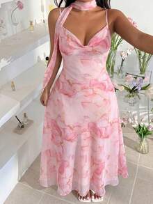 GalTyme Plus Size Women's Vacation Marble Print Ruffle Neck Elegant Draped Neck Dress Evening Tea Party Light Pink Summer - Multicolor - View 4