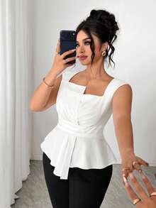 Elenzga Plus Size Women's Fashionable Solid Color Sleeveless Shirt - White - View 4