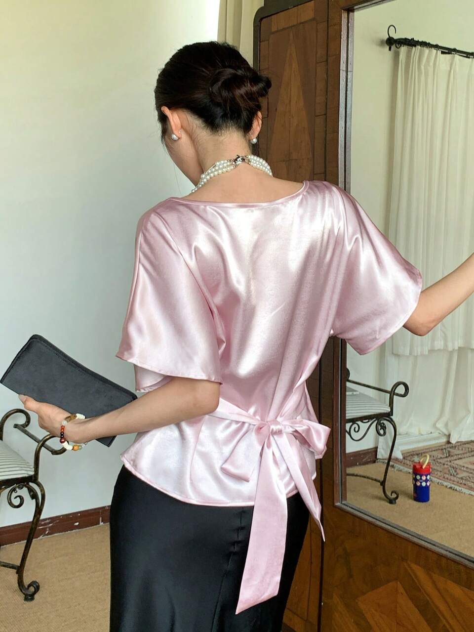 Women's Summer Elegant Solid Color Batwing Sleeve Blouse Birthday Dusty Pink