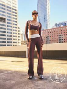 Aralina Leisurewear Active Women's 3 Piece Burgundy Three Pieces Boot Cut Legging Set Crop Top Bolero Long Sleeve Layering Tee High Wide Waistband Stretch Knit Flattering Studio Street Style Set Top Set Bottom - Brown - View 16