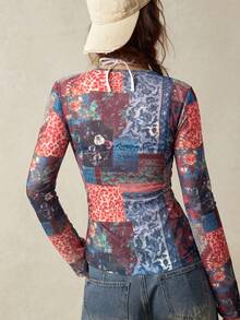 Bohemela 夏季度假女款花卉豹紋圖案波西米亞復古針織蕾絲V領喇叭袖上衣，日常穿著，鄉村音樂會派對適用 - 藏蓝色 - 查看 7