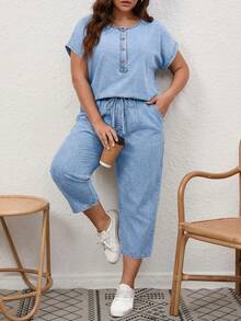 SHEIN EMERY ROSE CURVE 女款寬鬆大尺碼單排扣短袖牛仔上衣與長褲兩件套 - 藍色 - 查看 4