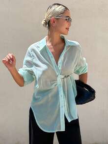 Livesso Women's Autumn Mint Green Waist Tie Loose Fit Vacation Style Casual Sexy Beach Vacation Shirt - Green - View 5