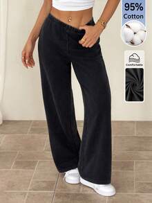 SHEIN PETITE Solid Color Elastic Waist Slim Fit Washed Black Wide Leg Pants - Black - View 8