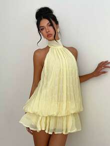 Aloruh Women's Spring/Summer New Yellow Textured Fabric Halter Neck Tie-Up Bud Mini Ruffle Dress, Suitable For Vacation, Date, Party, Evening Event - Yellow - View 7