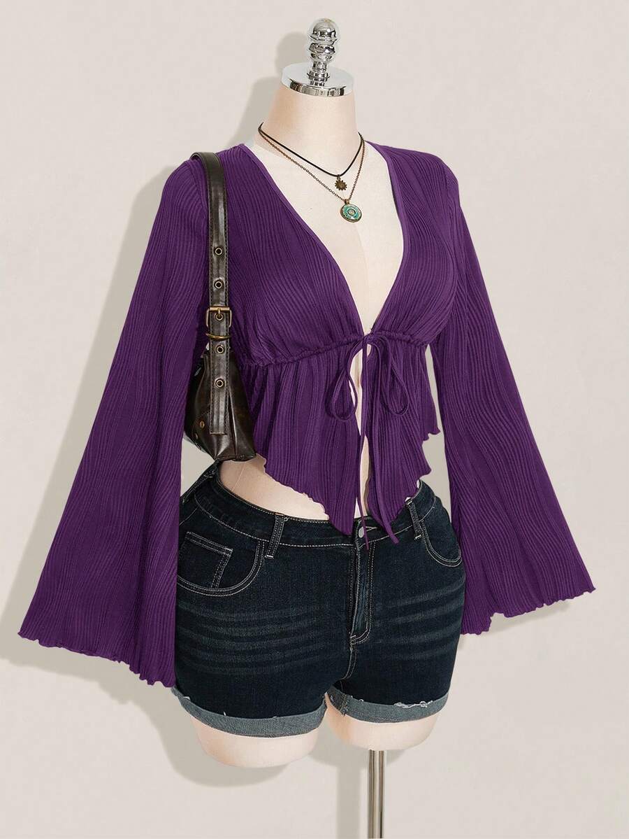 SHEIN ICON 大尺碼女款素色深V領百褶休閒百搭日常外出喇叭袖上衣 - 紫色 - 查看 1