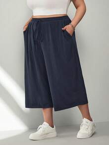 SHEIN CURVE+ Plus Size Women's Navy Blue Lightweight Ice Silk Knit Ribbed Casual Pants, With Pockets, Drawstring Waist, Loose Fit, Suitable For Summer Hiking - Navy Blue - View 4