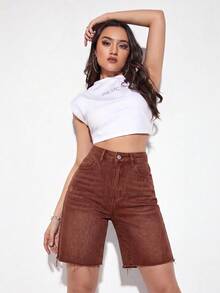 SHEIN ICON 女款高腰口袋毛邊休閒百搭牛仔短褲 - 咖啡棕 - 查看 3