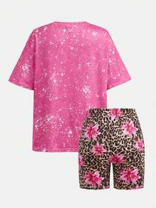SHEIN 青少年女孩休閒時尚寬鬆T恤與緊身褲套裝，休閒/度假/外出/可愛/少女風/花卉/海灘派對/豹紋印花 - 粉色 - 查看 2