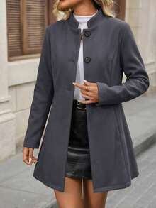 INAWLY 女款羊毛混紡大衣，簡約純色休閒外套，秋冬冬季女款外套夾克 - 深灰色 - 查看 1