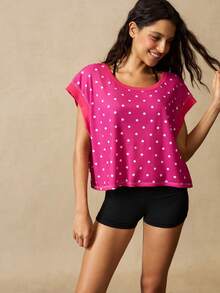 VARSIVA Women's Polka Dot Print Backless Sports T-Shirt - Hot Pink - View 9