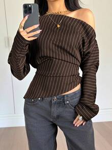 Siren Gaze Women's Striped Asymmetrical Shoulder Casual Versatile Daily Outing Top - Brown - View 6