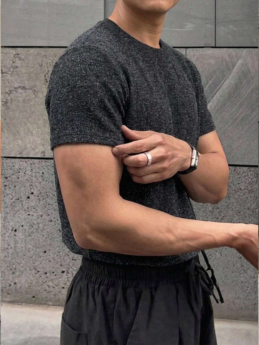 DAZY 夏季黑色花卉灰色短袖修身彈性羅紋面料短袖男士T恤 - 黑色 - 查看 1