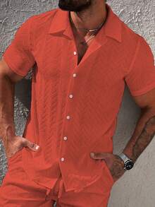 Manfinity Homme Camisa casual versátil de manga corta con textura y botonadura sencilla para hombres - Naranja - Ver 3