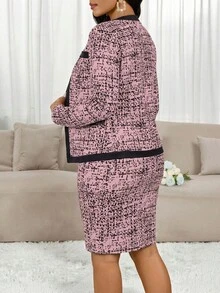 SHEIN Lady 女款優雅高級黑粉交織圓領洋裝搭配長袖外套 2件組，適合約會、商務與辦公室穿著 - 粉色 - 查看 2