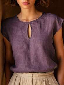 EMERY ROSE Summer Women's Fashion Linen Shoulder Sleeve Solid Color Blouse - Purple - View 1