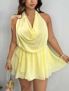 GalTyme New Spring/Summer Sexy Backless Solid Color Draped Neck Deep Draped Neck Ruffle Hem Multi-Layer Irregular Mini Dress For Hot Girls - Yellow - View 4