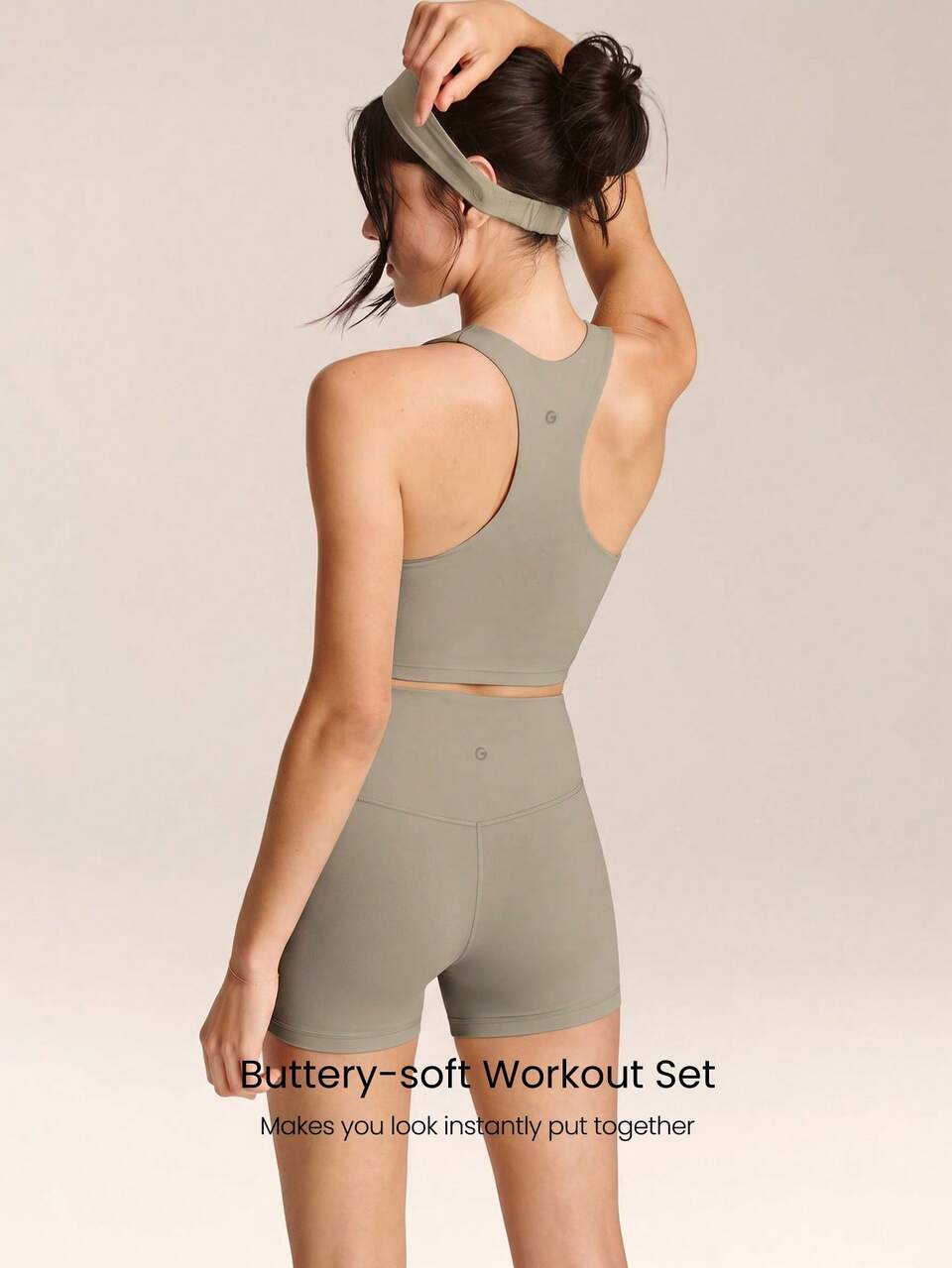 2 Pieces FeatherFit™ Crush Every Move Buttery-Soft Sweat-Wicking Stretchy Removable Cups Ruched Front Racerback Sports Bra & 4.3" Crossover Waist Y-Shaped Hip Seam Biker Shorts Low Impact Gym Studio Workout Cycling Running Daily Casual Wear