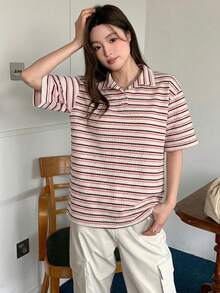 DAZY 女款 Polo 領鈕扣短袖條紋針織休閒 T恤 - 彩色 - 查看 2